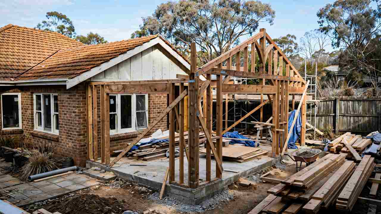 Home extension construction site with framing and new rear addition