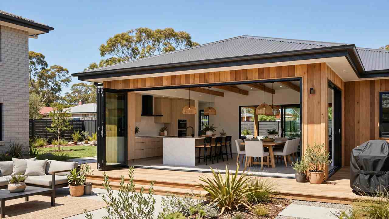 Rear home extension with open-plan kitchen dining addition in Australia