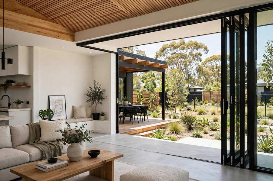 Modern home extension with large glass sliding doors opening to backyard