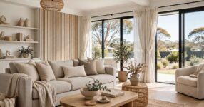 Freshly renovated Australian home living room interior with modern furniture