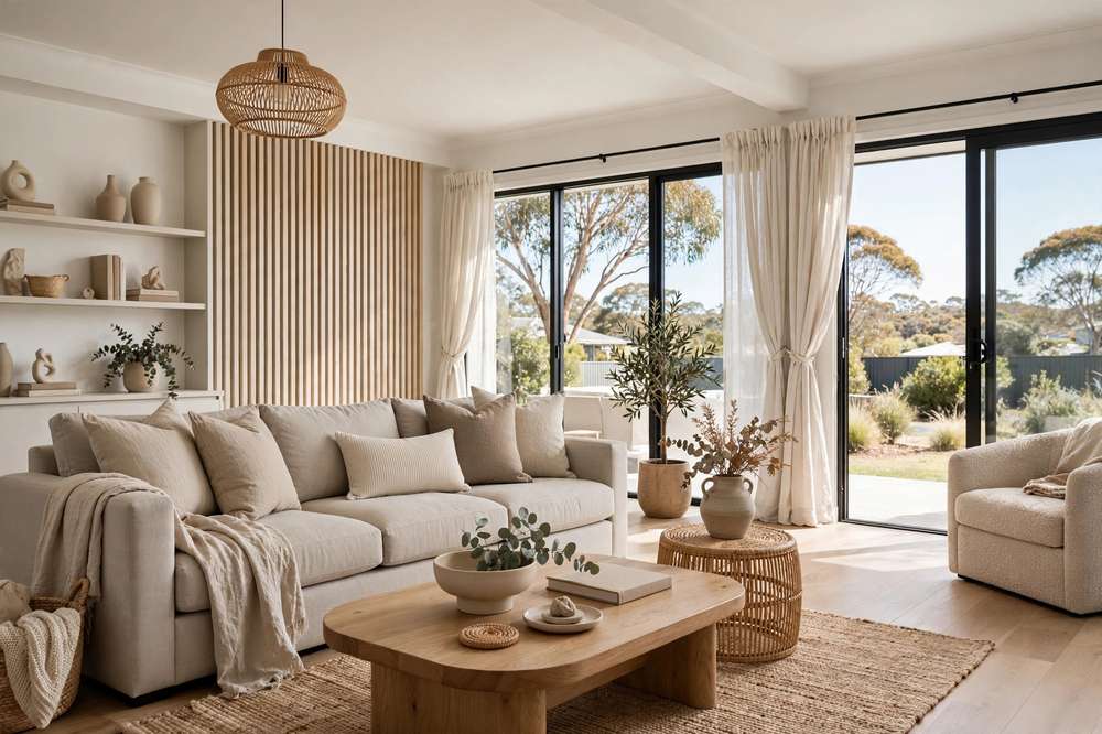 Freshly renovated Australian home living room interior with modern furniture
