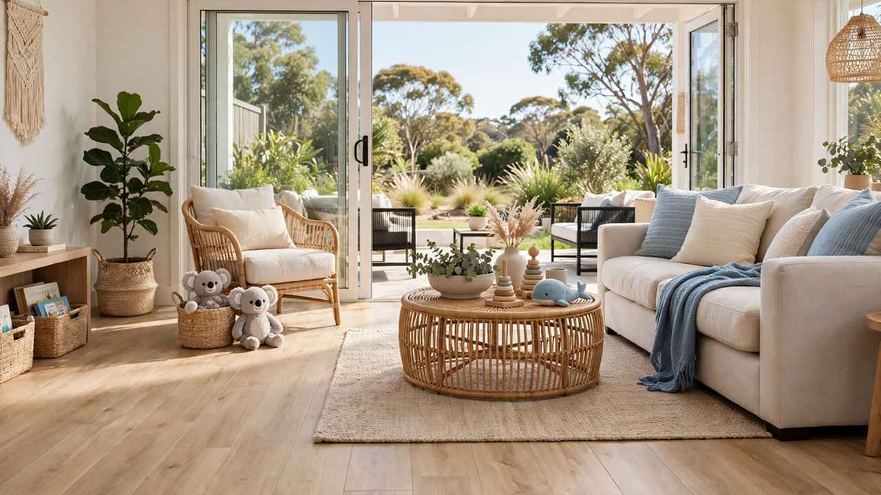 Australian living room with light oak-look hybrid flooring planks in daylight