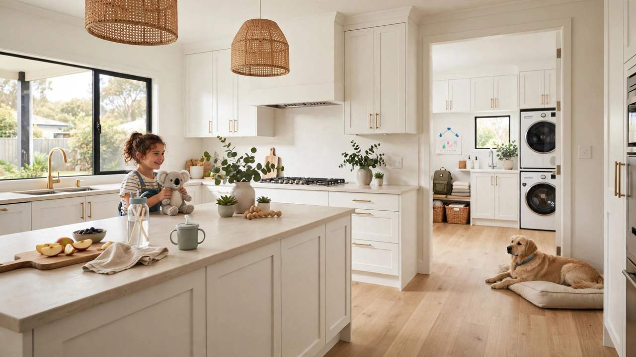Modern Australian kitchen with seamless timber-look hybrid flooring flowing into the living area