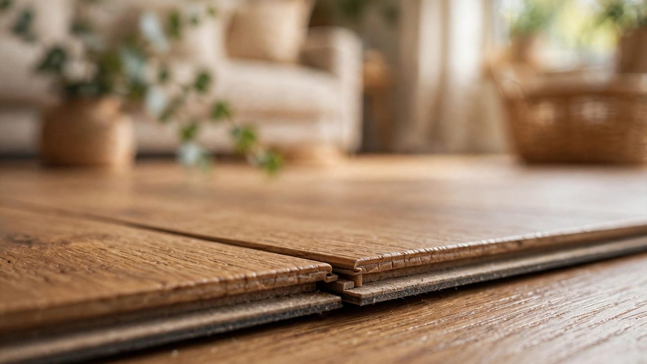 Close-up of click-lock laminate floor planks with realistic timber grain in an Australian living room