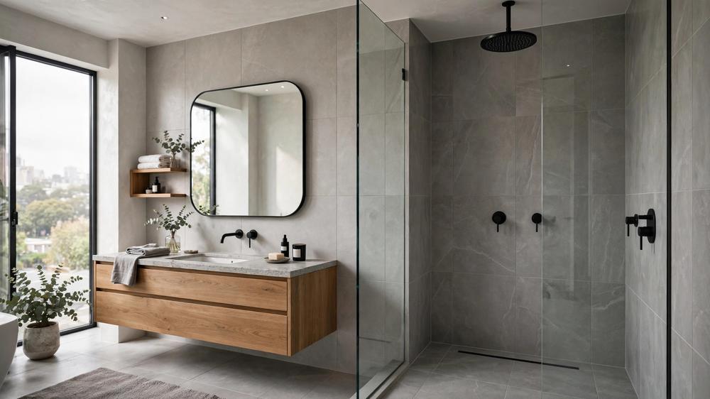 Elegant Melbourne bathroom renovation with walk-in rain shower and matte black tapware