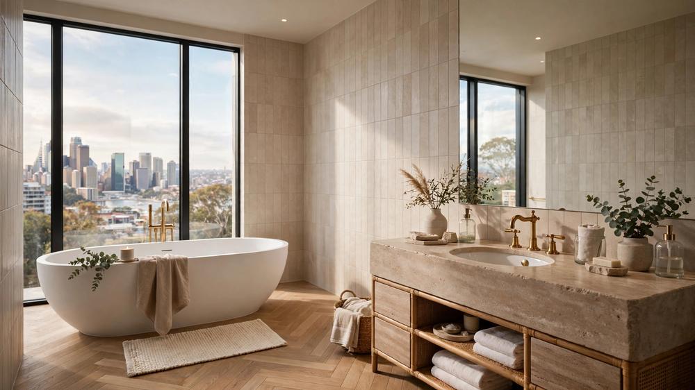Luxurious Sydney bathroom renovation with freestanding bath and brass tapware