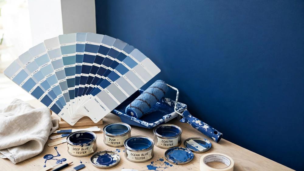 Deep blue painted wall with colour swatch cards for the Dulux 2027 forecast