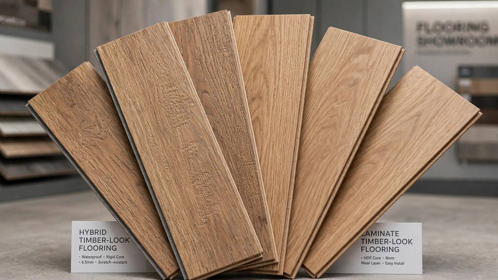 Hybrid and laminate timber-look flooring planks compared side by side