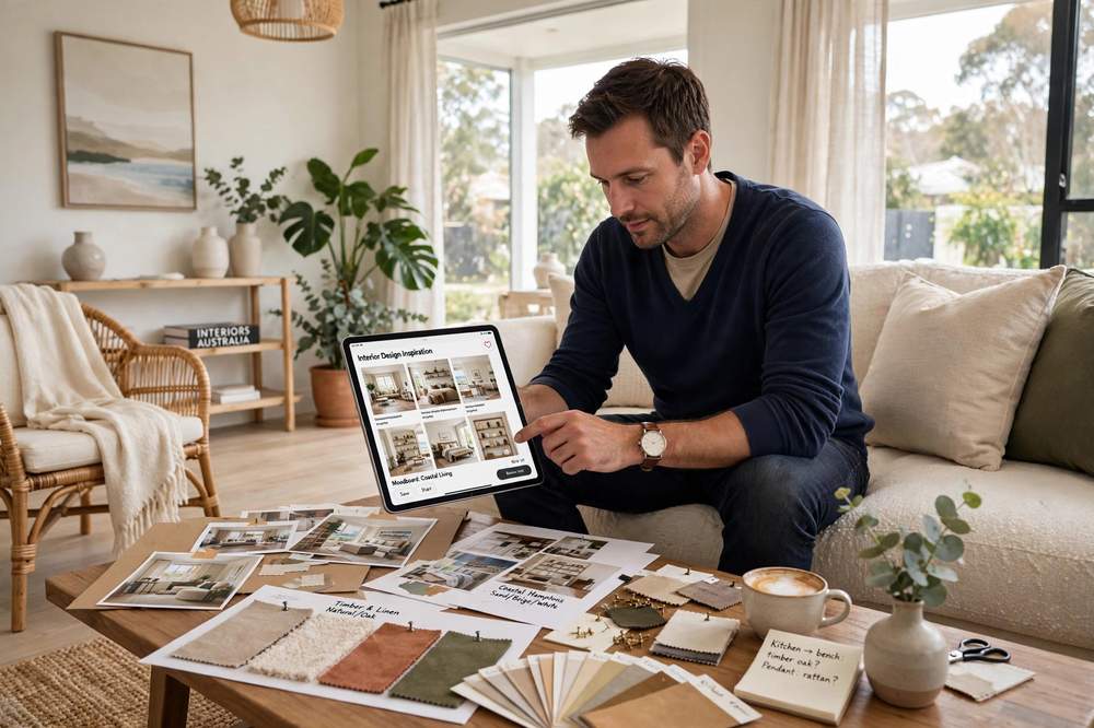 Homeowner browsing interior design inspiration on a tablet in a stylish living room