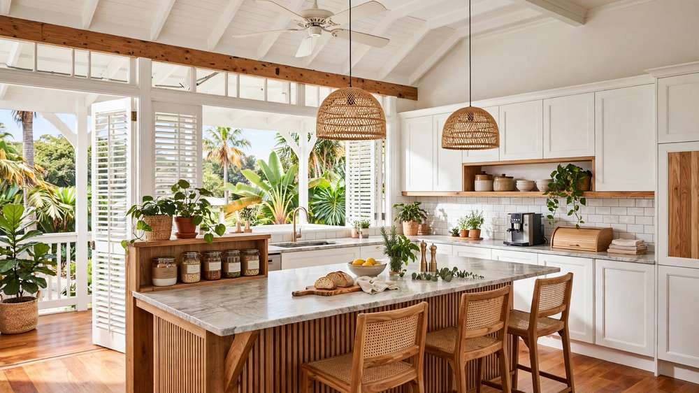 Bright Brisbane kitchen renovation with timber accents and white cabinetry