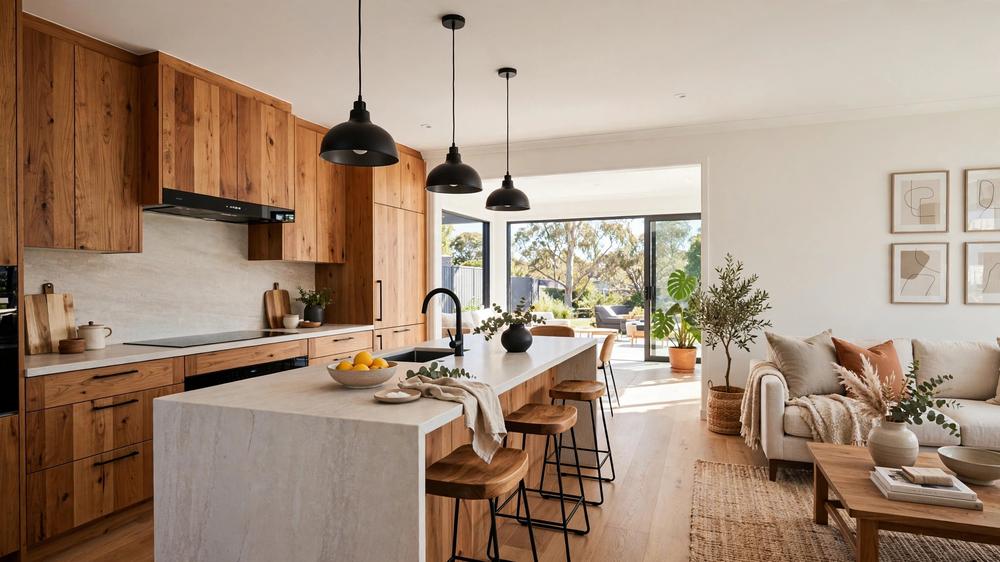 Contemporary Perth kitchen renovation with timber cabinetry and stone benchtop