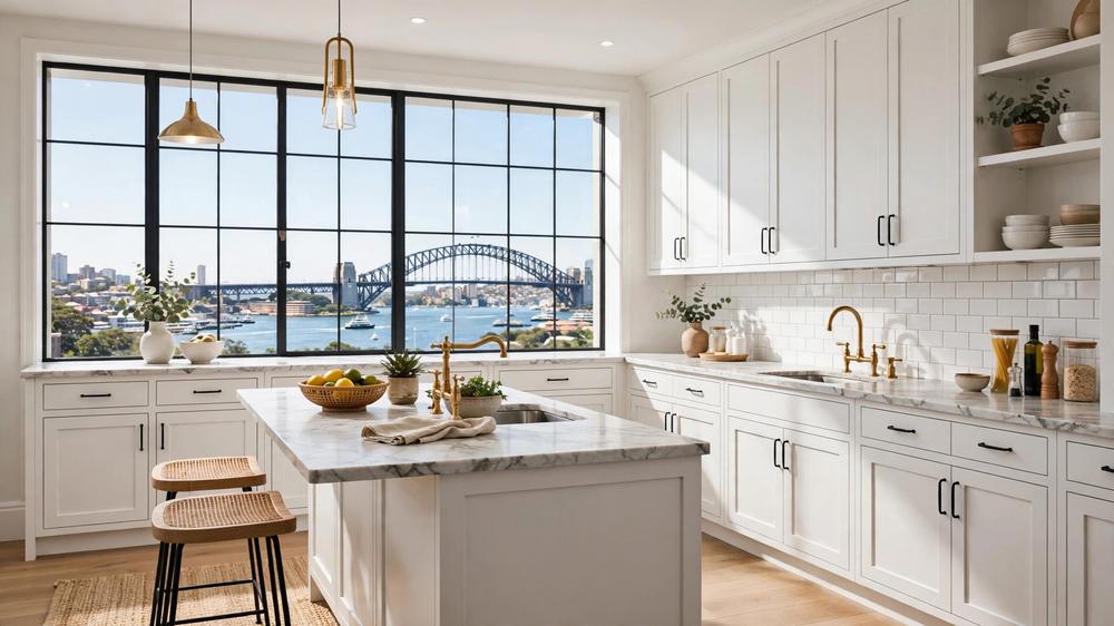 Modern Sydney kitchen renovation with white shaker cabinetry and marble-look benchtop