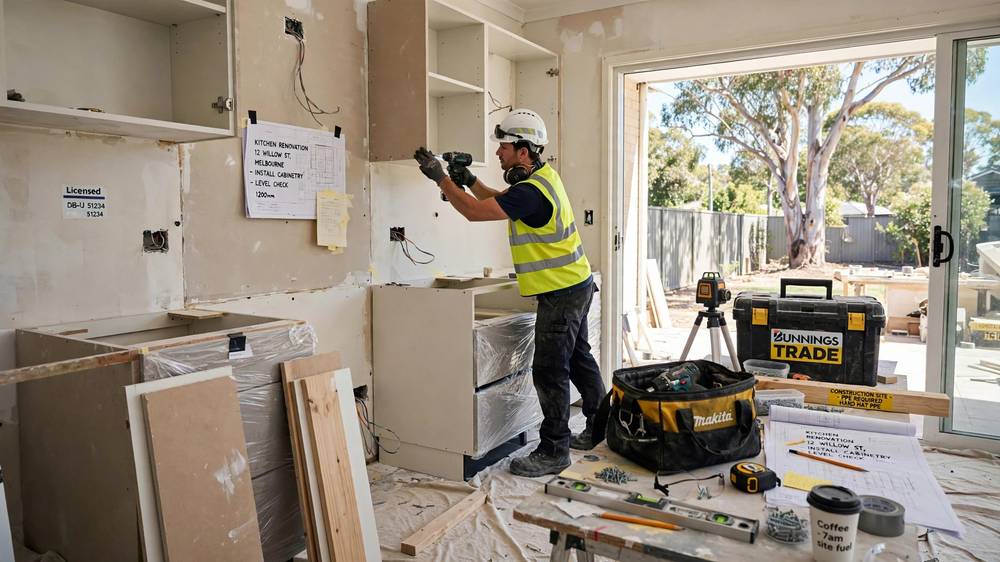 Tradesperson installing kitchen cabinetry during an Australian home renovation