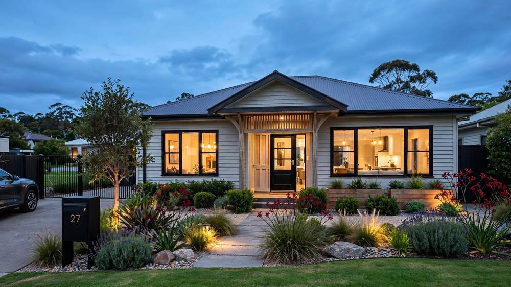 Renovated Australian home exterior at dusk with landscaped garden