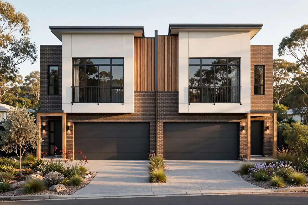 Finished modern Australian duplex pair with symmetrical brick and render facades, double garages and native landscaping