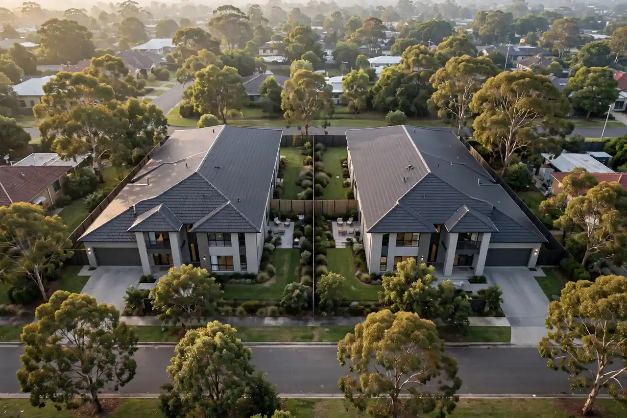 Aerial view of two new mirror-image duplex homes in an Australian suburb with landscaped backyards divided by a fence