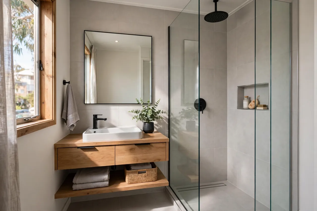 Small apartment bathroom remodel with floating vanity and walk-in shower