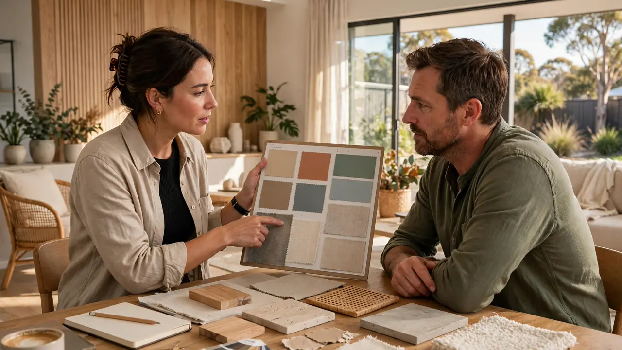Interior designer reviewing fabric samples with a homeowner during a renovation consultation