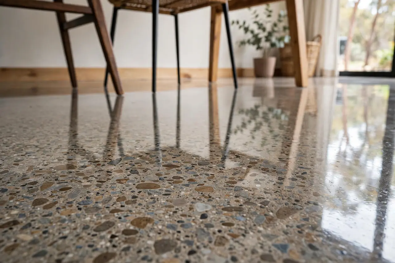 Close-up of a mirror-finish polished concrete floor showing exposed aggregate in an Australian home