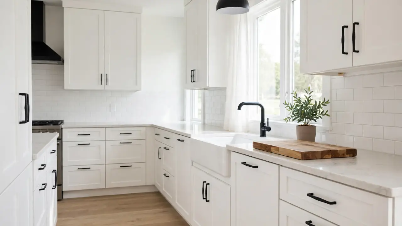 Freshly painted white kitchen cabinets with new handles in a bright Australian kitchen