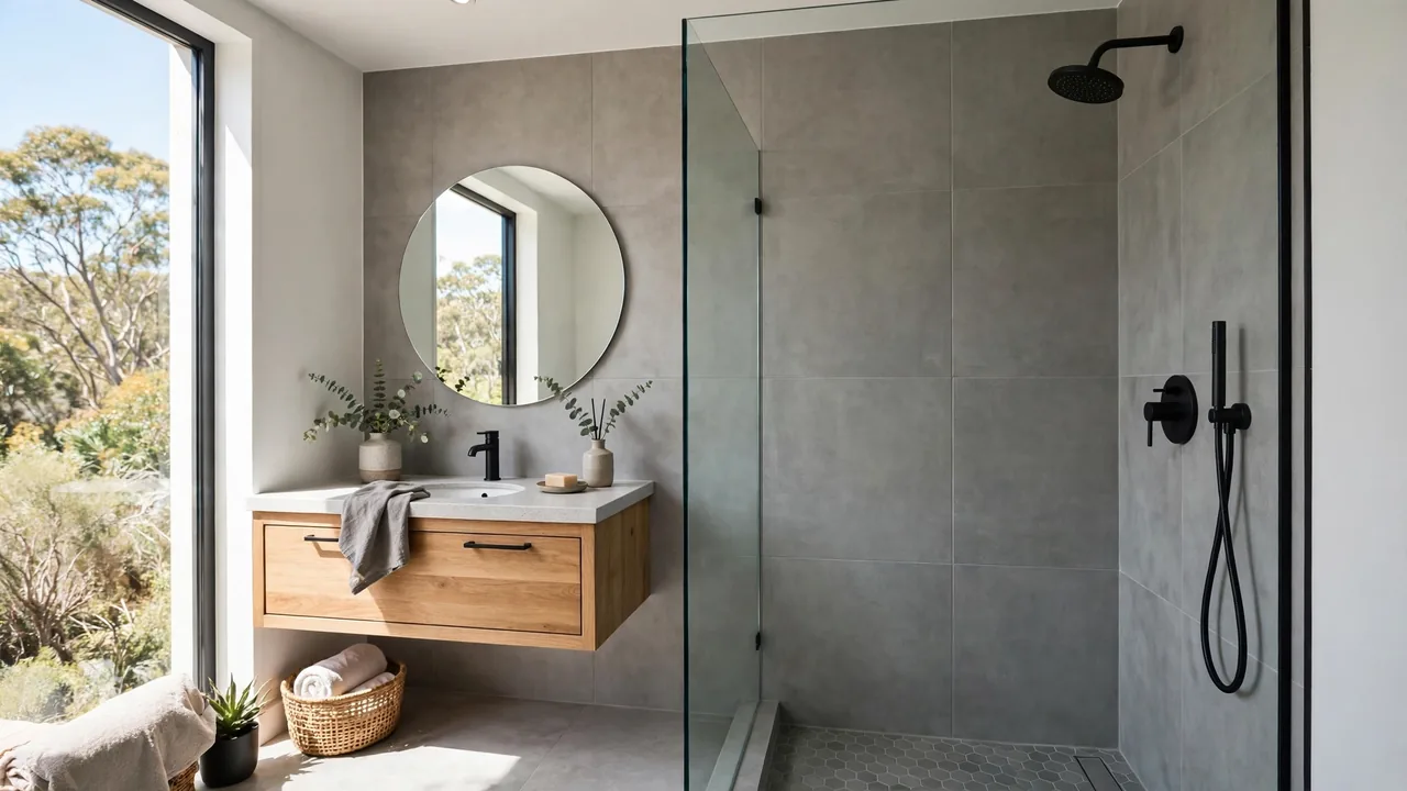 Finished modern Australian bathroom with walk-in shower and frameless glass panel after professional waterproofing