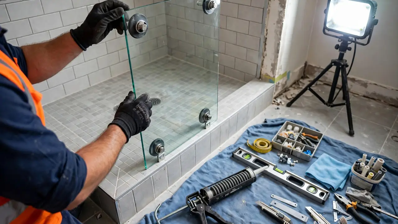 Glazier installing a frameless glass shower screen panel during a bathroom renovation in Australia