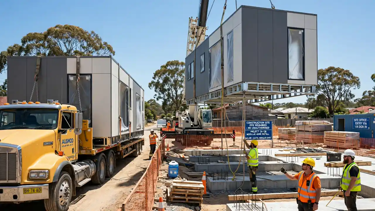 Modular home sections being craned onto concrete footings at an Australian building site