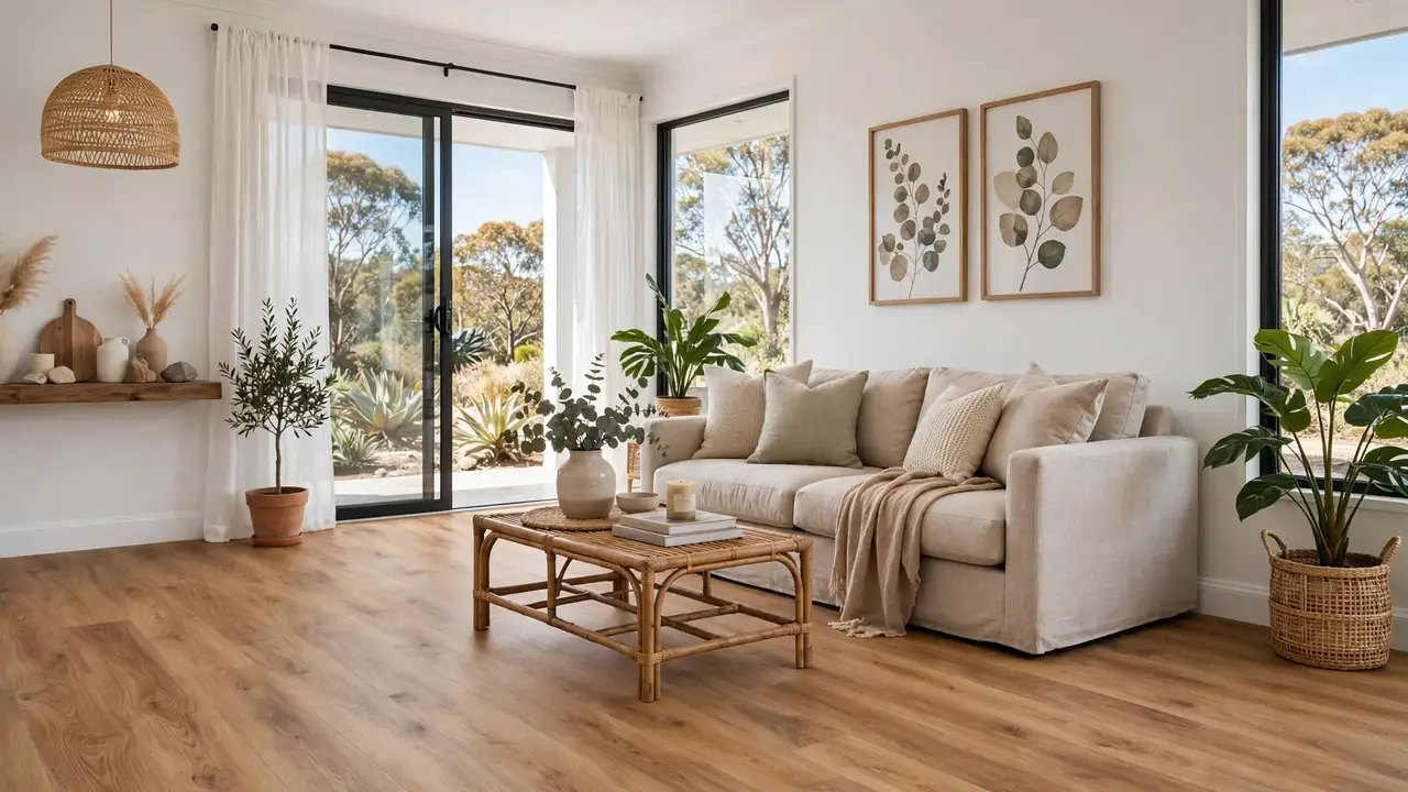 Modern Australian living room with vinyl plank flooring in natural oak finish and new skirting boards