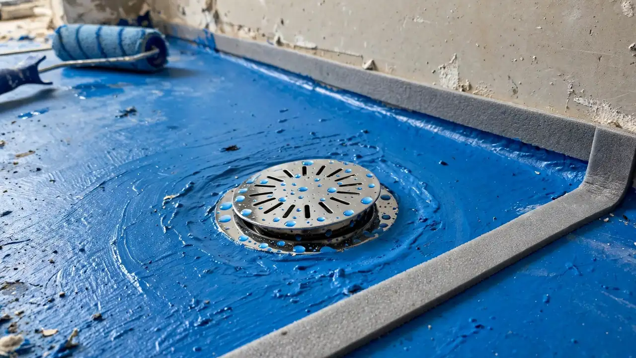 Close-up of blue waterproofing membrane on a bathroom floor around a floor waste with bond-breaker tape at the wall junction