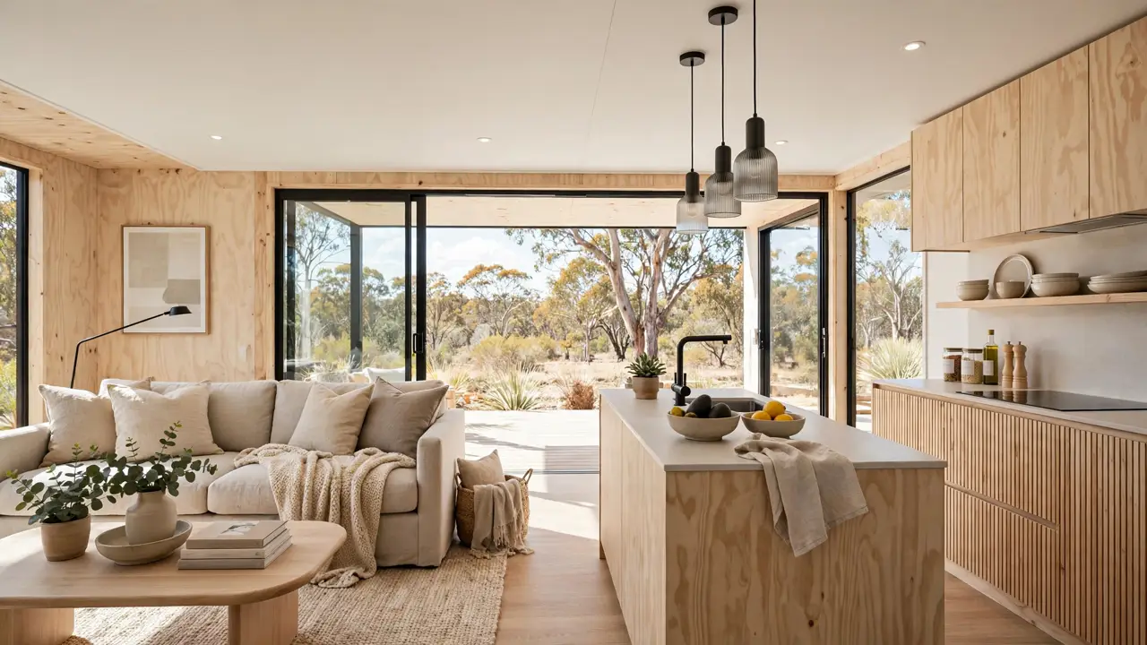 Open-plan interior of a modern modular home in Australia with light timber finishes