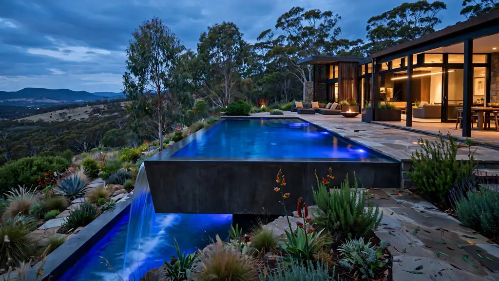 Custom concrete infinity-edge swimming pool glowing at dusk in a luxury Australian home with stone pavers and landscaping