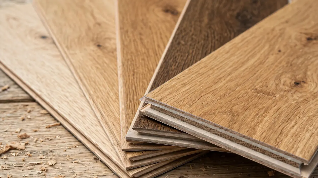 Close-up of vinyl plank flooring samples showing oak timber-look finishes and wear layer detail