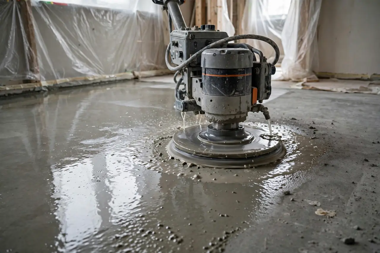 Concrete polishing machine grinding a grey slab during a home renovation in Australia