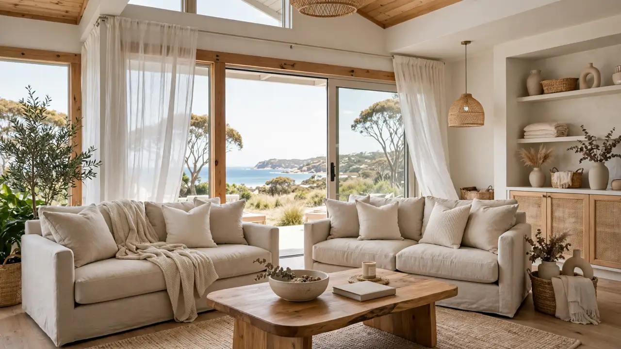 Newly renovated Australian living room with designer-selected furniture and lighting