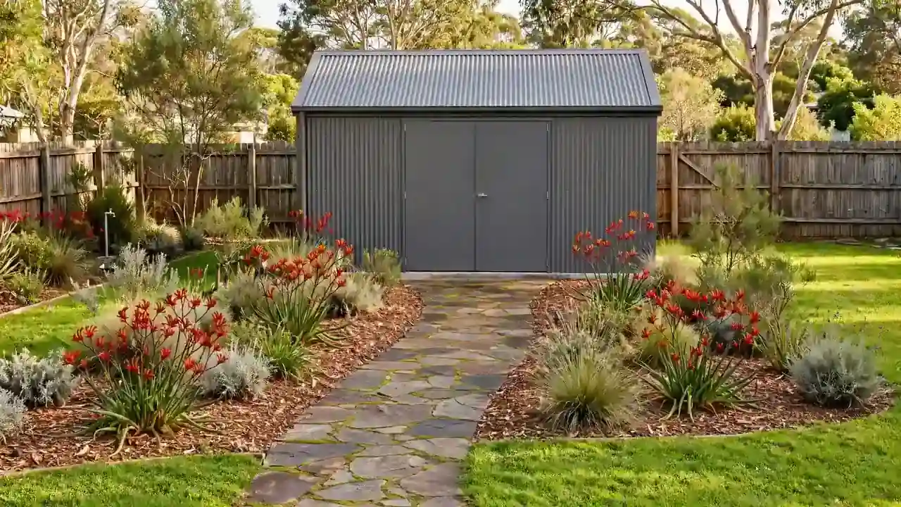 Colorbond garden shed in an Australian backyard with paved path and landscaped garden beds