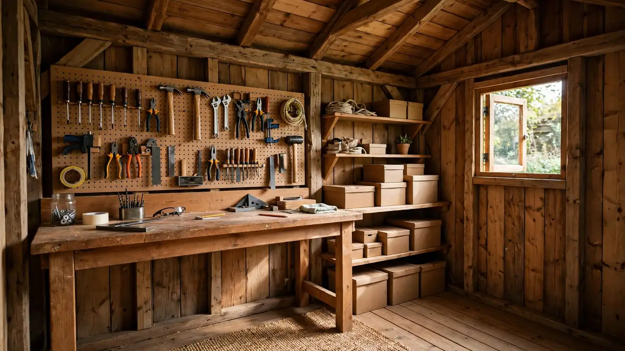 Timber garden shed converted into a home workshop with workbench and organised tool storage
