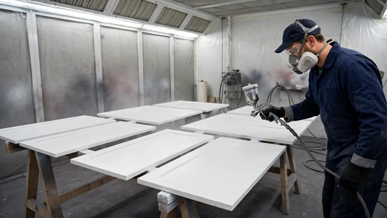 Cabinet doors being spray-painted with a two-pack finish in a workshop spray booth