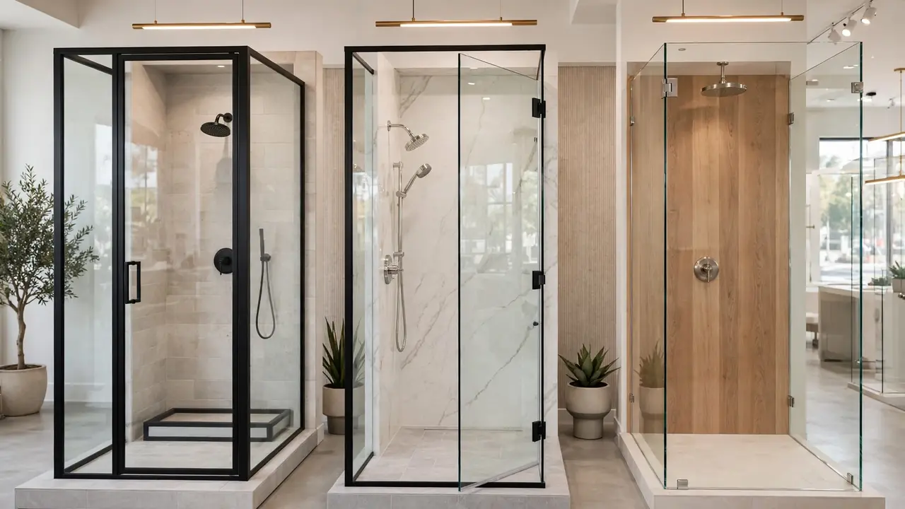 Framed, semi-frameless and frameless glass shower screens compared side by side in a bright bathroom showroom