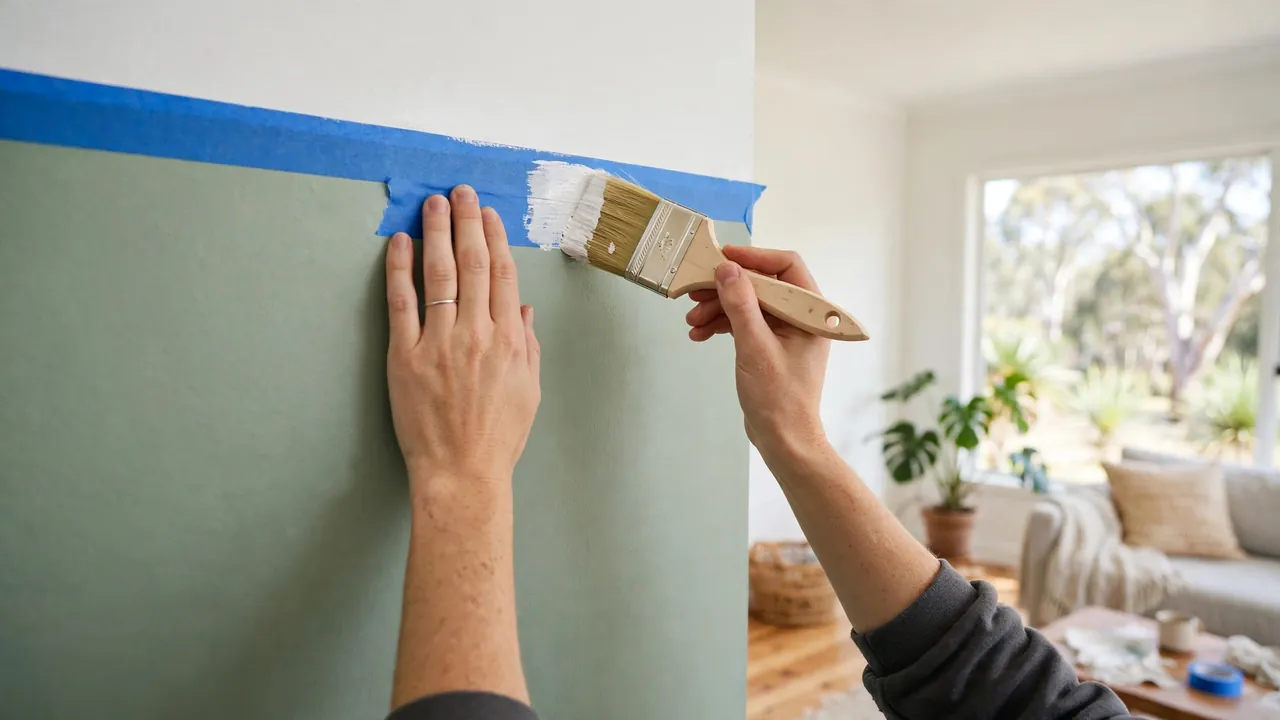 DIY painter cutting in a crisp paint edge along a ceiling line with an angled brush