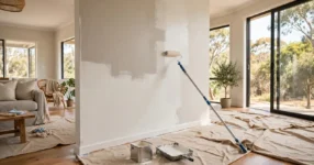 Freshly painted living room in an Australian home with a paint roller mid-stroke on a warm white wall