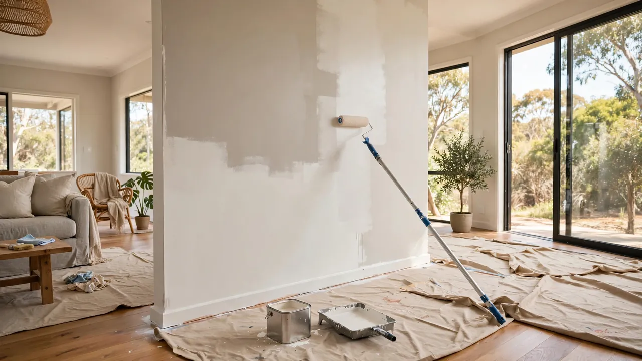 Freshly painted living room in an Australian home with a paint roller mid-stroke on a warm white wall