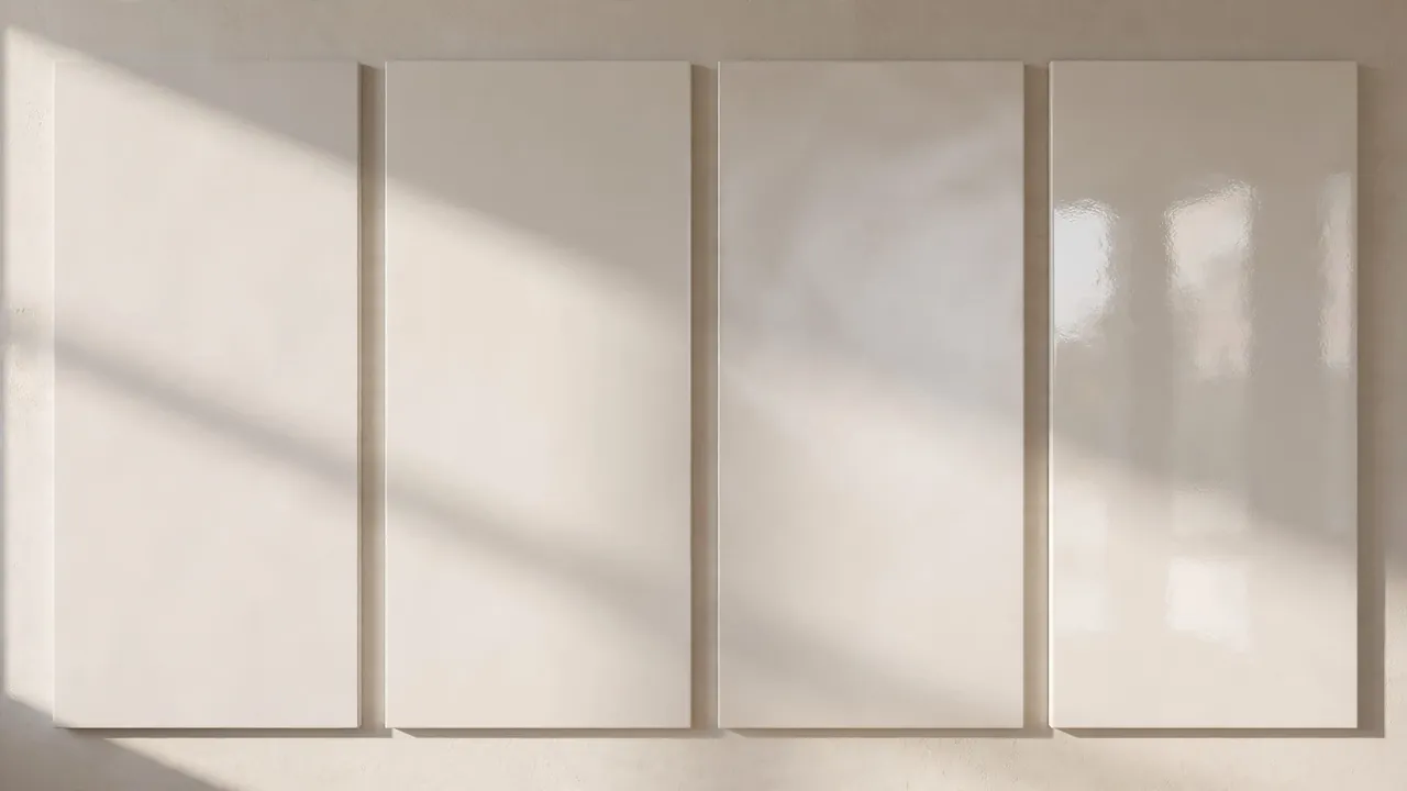 Paint finish comparison: matte, eggshell, satin and semi-gloss swatches on an interior wall
