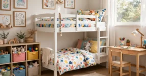 Cheerful kids bedroom with bunk bed, study desk and toy storage
