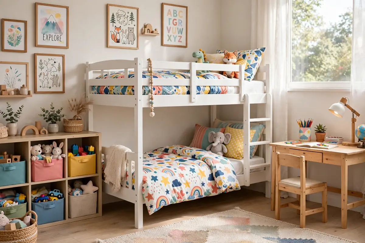 Cheerful kids bedroom with bunk bed, study desk and toy storage
