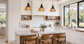 Modern Australian kitchen renovation with white cabinetry and stone benchtop
