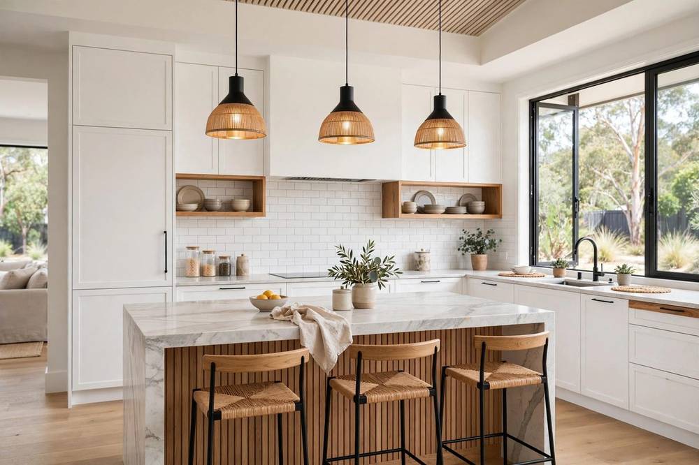 Modern Australian kitchen renovation with white cabinetry and stone benchtop