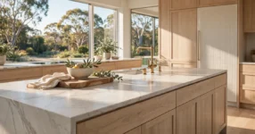 Marble-look porcelain kitchen benchtop on a modern Australian kitchen island