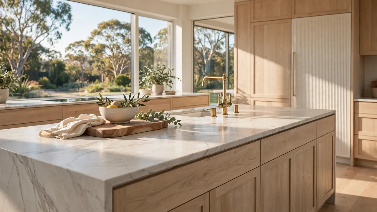 Marble-look porcelain kitchen benchtop on a modern Australian kitchen island
