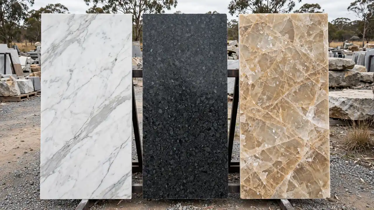 Natural stone benchtop slabs — marble, granite and quartzite — at an Australian stoneyard