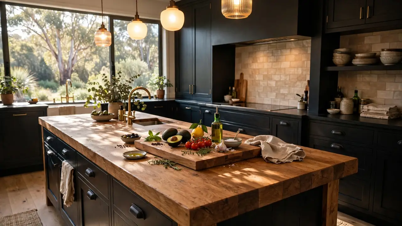 Solid timber kitchen benchtop island in a warm Australian kitchen